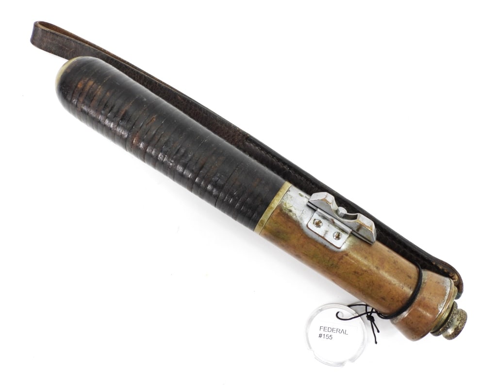 Federal Laboratories Gas Firing Pin Billy Club: United States,1925 Leather wrapped brass firing pin billy club. 9 1/8". From the collection of Matthew G. Forte, expert on police equipment and author of "American Police Equipment" and "American Poli