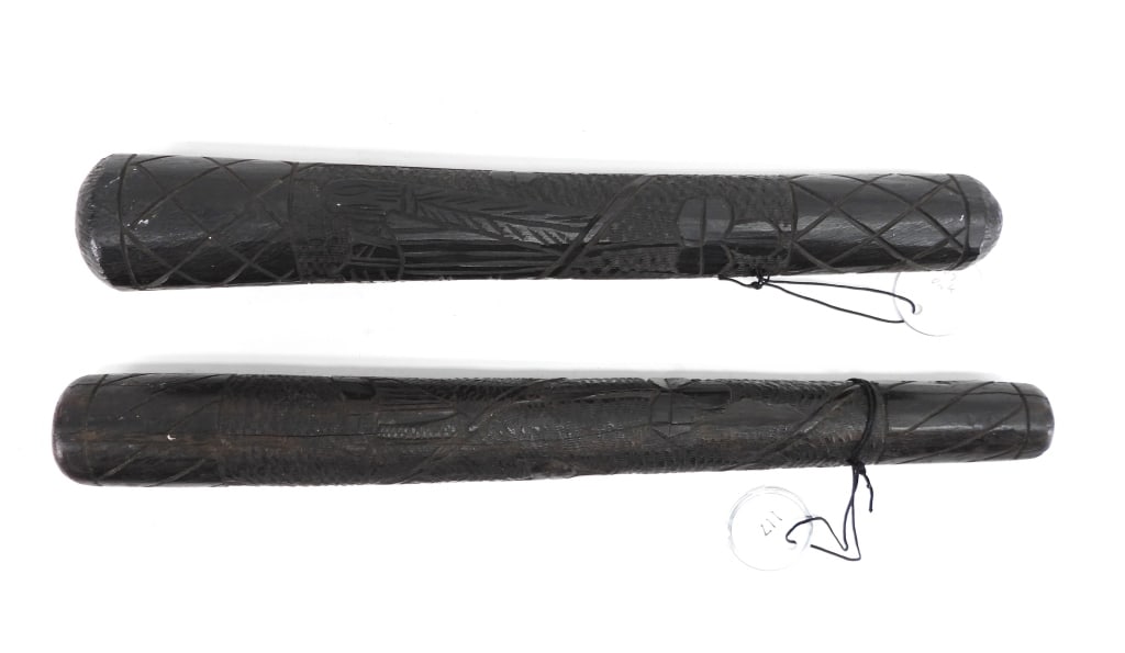 2PC Antique Irish Bog Oak Billy Clubs: Ireland,Late 19th- Early 20th Century Includes two dark bog wood billy clubs with relief carved harps and clovers. Smallest 11 1/2".Largest 13" From the collection of Matthew G. Forte, expert on polic
