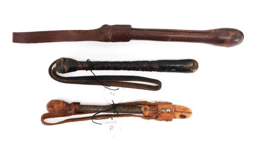 Antique Leather Wrapped Police Billy Clubs: United States,Early 20th Century Includes three leather wrapped metal spring billy clubs. Smallest 8/ 14".Largest 8 1/2" From the collection of Matthew G. Forte, expert on police equipment and author