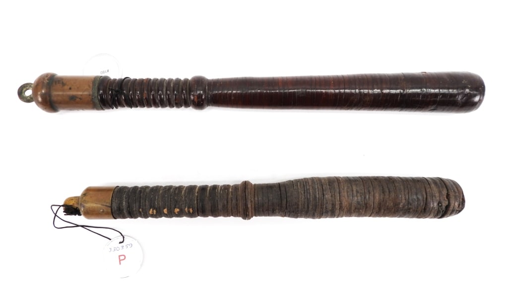 2PC Bissel & Other Leather & Steel Billy Clubs: United States,Late 19th-Early 20th Century Includes a Bissel C. Scwand patent and an unmarked leather covered steel billy clubs Smallest 11 3/4".Largest 13 3/4" From the collection of Matthew G. Forte