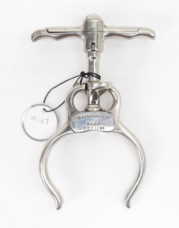 Eisaman & Rome Steel Police Mechanical Nippers: United States,Late 19th Century Eisaman and Rome nickel plated steel mechanical nippers. Illustrated on page 135, American Police Equipment, A Guide to Early Restraints, Clubs & Lanterns, by Matthew G