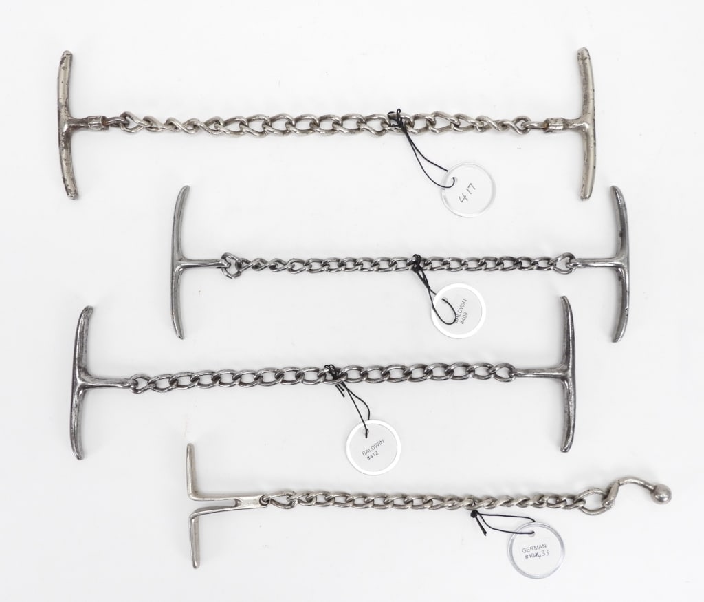 4PC Baldwin & Other Steel Police Chain Nippers: United States,Late 19th- Early 20th Century Includes two Baldwin steel chain nippers, a German steel chain nipper, and a steel chain nipper. Each approx. 3 1/2" x 10". From the collection of Matthew G