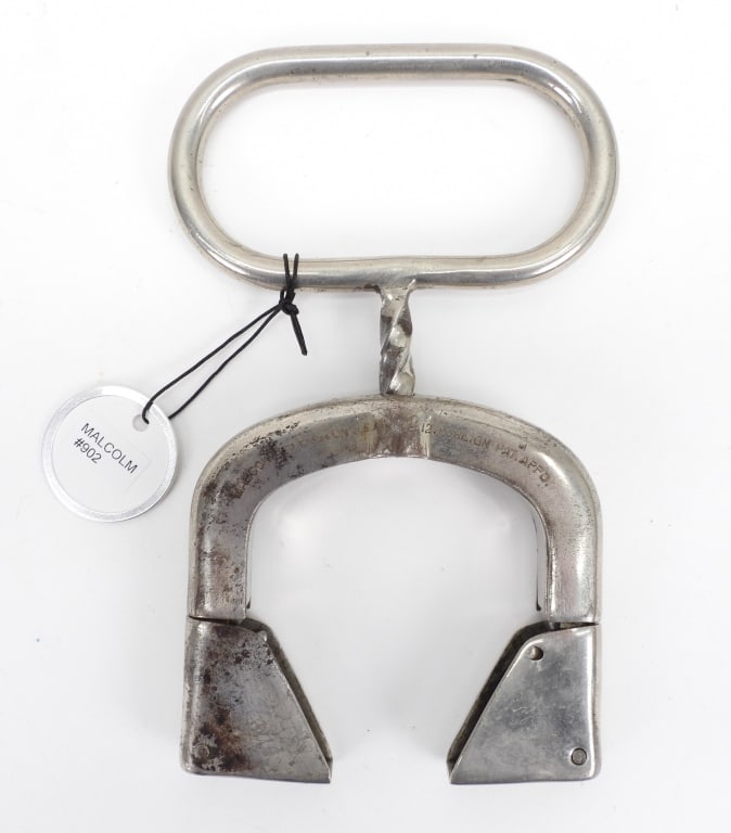 Malcolm Co. Steel Police Mechanical Nippers: United States,1912 Malcolm nickel plated steel police nippers. Illustrated on page 141, American Police Equipment, A Guide to Early Restraints, Clubs & Lanterns, by Matthew G. Forte. 5 1/2" x 4". From