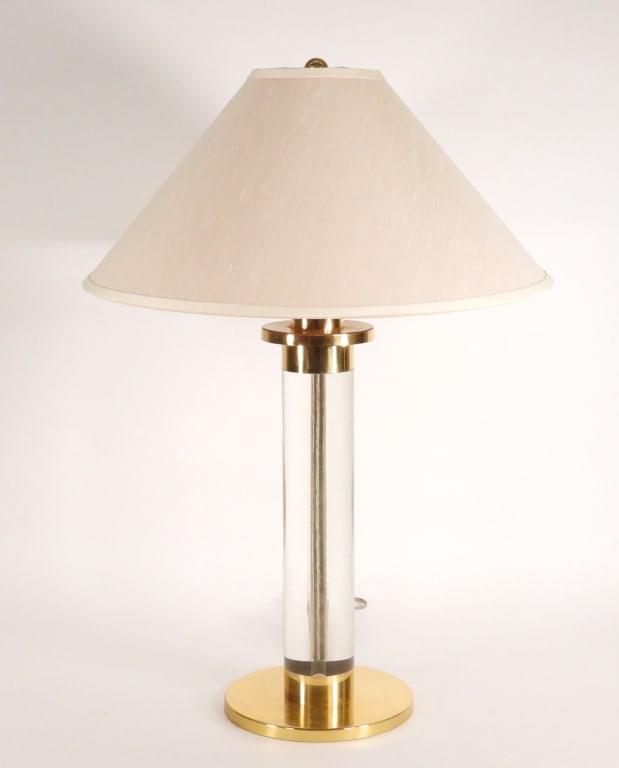 Frederick Cooper MCM Lucite Table Lamp: Chicago Mid 20th Century Large lamp with brass band and base and clear lucite column. Brass, lucite,Lamp w/ harp 27 1/2" x 8 1/2" dia..Shade 8 1/2" x 19" dia. Marked "Frederick Cooper" on socket. From