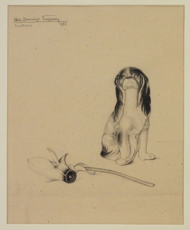 Italo Passani Dog Still Life Illustration Drawing: Italo Amerigo Passani Italy 1882 -1963 Depicts a diminutive Pekingese dog seated sculpture behind a single plucked flower. Passano studied at the Academy of Fine Arts in Florence under Augusto Rivalta