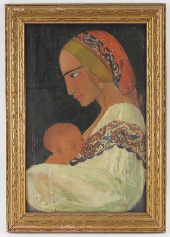 Signed MP Slavic Mother & Child Painting: Northern Europe Dated '20 Depicts the side profile of a blonde woman with straight eyebrows wearing a red botanical headscarf with white floral embroidered blouse holding her baby. Oil on board,Board 