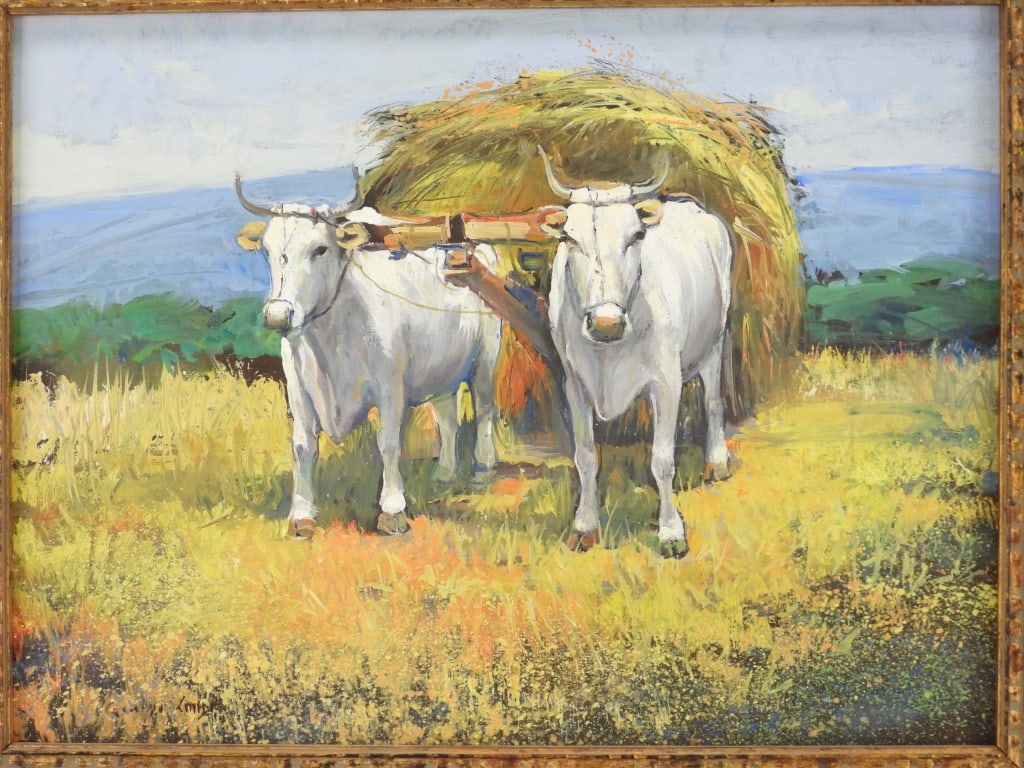 Pr. White Bull Hay Farming Landscape Painting: United States 20th Century Impressionist depiction of two white bulls pulling a cart loaded with hay across an open field. Oil on board,Board 12" x 16".Frame 15 1/2" x 19 1/4" Signed illegibly lower l