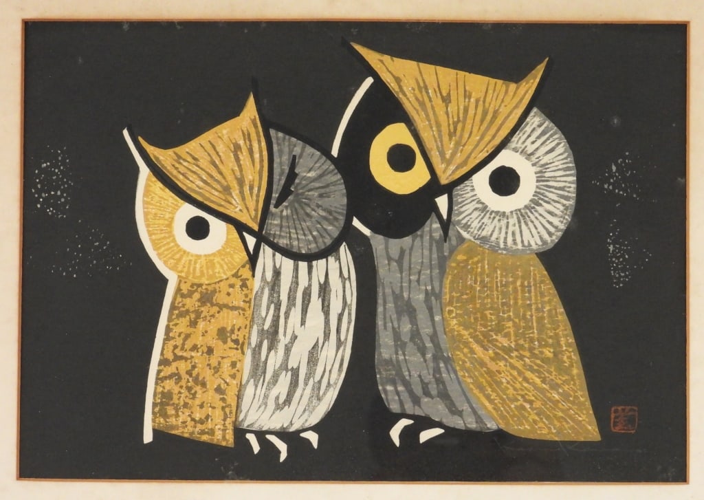 Kaoru Kawano Pair of Owls Woodblock Print (1 of 7)