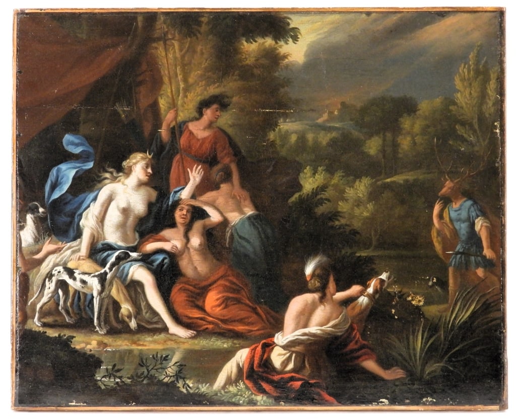 Jacob De Wet Bath of Diana Old Master Painting: Jacob De Wet Netherlands, Holland 1610-1675 Depicts Diana, the Roman goddess of hunting and chastity, bathing in a forest surrounded by nymphs and dogs being gazed upon by the hunter Actaeon in mid tr