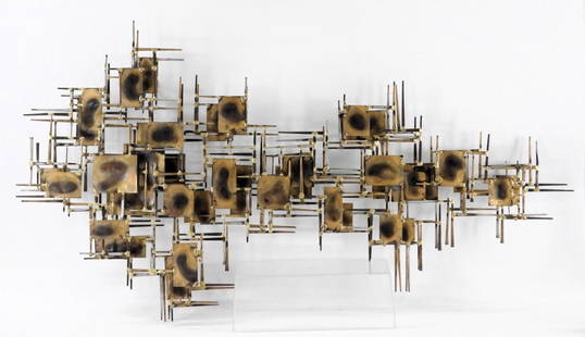 Marc Creates Brutalist Geometric Sculpture: Marc Weinstein United States 20th Century Large angular brutalist metal sculpture of layered geometric shapes. Weinstein worked for his father at Federal Salvage and Supply in St. Louis where he