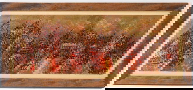 Dorothy Bowman Architectural Serigraph: Dorothy Louise Bowman California b.1927 Abstract depiction of a European city skyline against brown, red and yellow hues. Bowman studied at at the Chouinard Art School under Rico Lebrun and Jean Charl