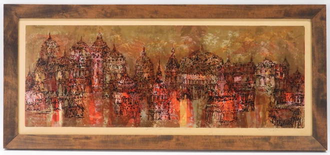 Dorothy Bowman Architectural Serigraph: Dorothy Louise Bowman California b.1927 Abstract depiction of a European city skyline against brown, red and yellow hues. Bowman studied at at the Chouinard Art School under Rico Lebrun and Jean Charl