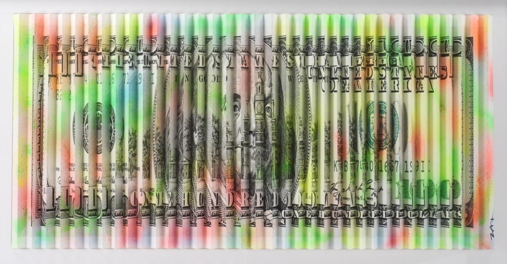 E.M. Zax 3D Polymorph $100 Dollar Sculpture: E.M. Zax California Contemporary Titled "$100 Bill," 3D polymorph depiction a $100 bill in an accordion form with polychromatic spray paint embellishments. Spray paint over print,Sight 19 3/4" x 40 1/