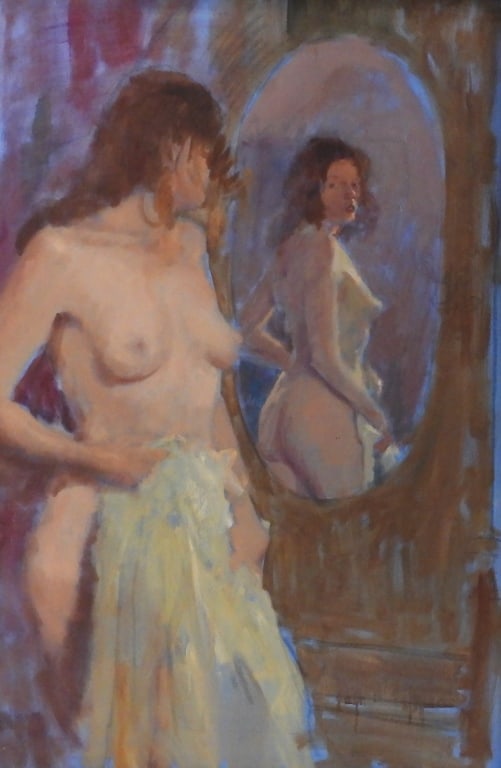 Clement Micarelli Nude Figure Painting: Clement Micarelli Massachusetts, New York 1929-2008 Depicts a nude auburn haired woman holding draped white fabric glancing back toward a mirror. Micarelli was a faculty member of the Rhode Island Sch
