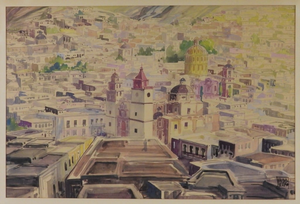 Ramon Valdiosera City Skyline WC Painting: Ramon Valdiosera Mexico 1918-2017 Impressionist depiction of a vast city skyline stretching as far as the eye can see. Watercolor on paper,Sight 19" x 29".Frame 31" x 40 1/2" Signed "Valdiosera" lower