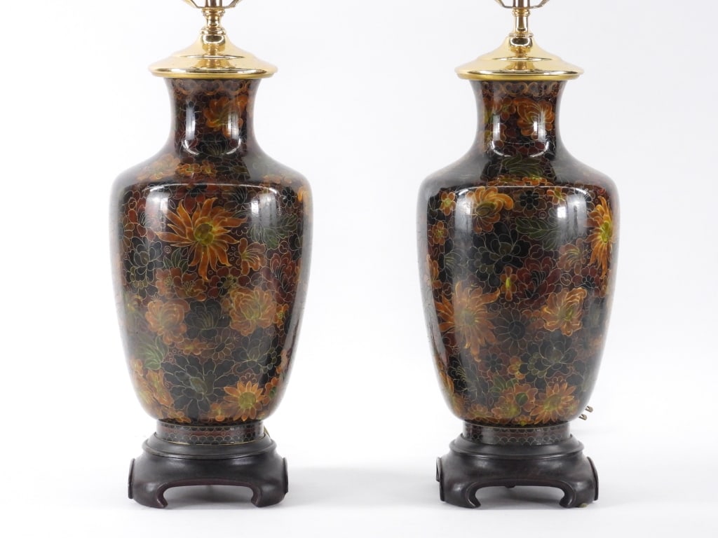 PR Chinese Cloisonne Table Lamps: China 20th Century Baluster form botanical patterned cloisonne body with wood bases. Metal, enamel,Lamps w/o harps 18" x 6 1/4" dia..Shades 13 1/4" t x 18" w x 18" d From the collection of a Cranston,