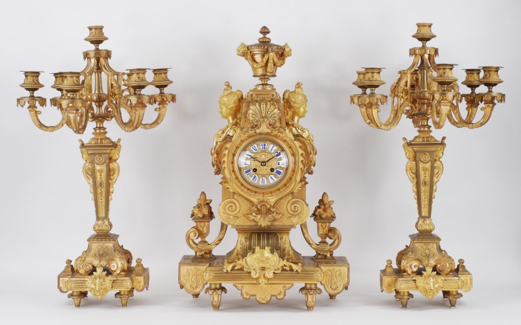 3PC French Japy Freres Gilt Clock w/ Candelabras (1 of 11)