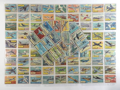 113PC 1957 Topps Planes #1-#120 Near Complete Set: United States,1957 Andy's near complete set of 1957 Topps Planes, both series 1 and 2 including cards #1-#65, #67-#70, #73-#82, #84-#89, #91-#96, #98-#116, and #118-#120, card condition Good+ to Ex/NM