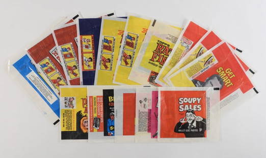 15PC 1960's Topps Non-Sport Wax Wrapper Group: United States,20th Century Selection of fifteen 1960's Topps non-sport trading card wax wrappers, includes Rat Fink Greeting Cards, Krazy People Posters, Wanted Posters, Batty Book Cover, Beatles Colo