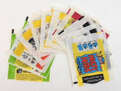 11PC 1960's Topps Non-Sport Wax Wrapper Group: United States,20th Century Selection of eleven 1960's Topps non-sport trading card wax wrappers, includes Nasty Notes, Ugly Stickers, Nutty Initial Stickers, Dopey Books, Funny Lil Joke Books, and