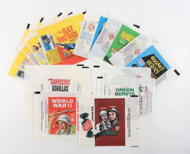 14PC 1960's Non-Sport Military Card Wax Wrappers: United States,20th Century Selection of fourteen 1960's Philadelphia Gum, Topps, Fleer, Leaf, and Donruss military related non-sport trading card wax wrappers, includes The Rat Patrol, Gomer Pyle USMC