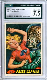 1962 Topps Mars Attacks! #21 Prize Captive CGC 7.5: United States,1962 1962 Topps Mars Attacks! #21 Prize Captive trading card, CGC 7.5 NEAR MINT+, Andy Yanchus Collection pedigree.CGC case 5 1/4" x 3 1/8".,From the collection of Andy Yanchus,