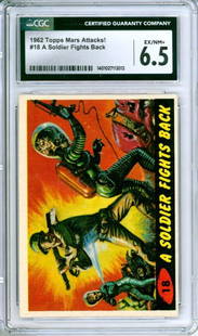 1962 Mars Attacks! #18 Soldier Fights Back CGC 6.5: United States,1962 1962 Topps Mars Attacks! #18 A Soldier Fights Back trading card, CGC 6.5 EX/NM+, Andy Yanchus Collection pedigree.CGC case 5 1/4" x 3 1/8".,From the collection of Andy Yanchus, Broo