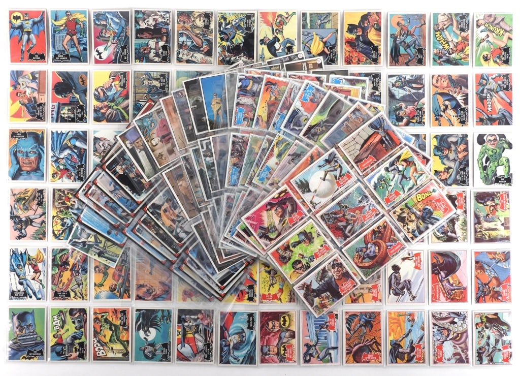 236PC 1966 Topps Batman Complete Series: United States,1966 Complete set of 1966 Topps Batman trading cards, includes black bat #1-#55, blue bat #1-#44, red bat #1-#44, Bat Laffs #1-#55, and Riddler back #1-#38. Card condition Very Good+ to