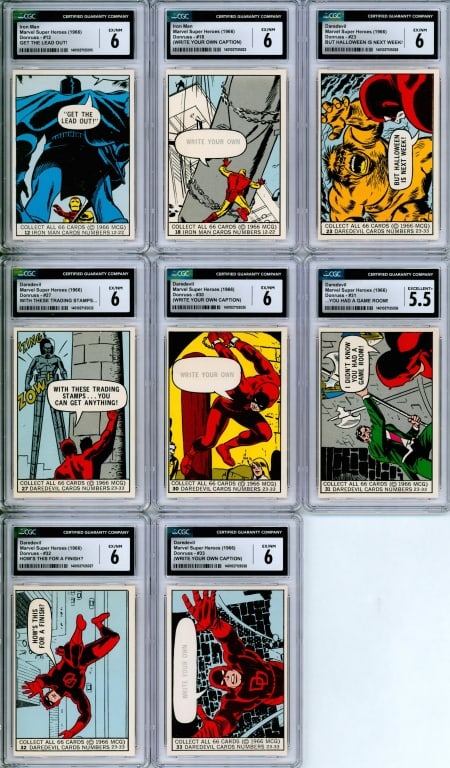 8PC 1966 Marvel Super Heroes CGC 6 Card Group: United States,1966 Group includes 1966 Donruss Marvel Super Heroes trading cards #12, #18, #23, #27, #30, and #31-#33, all CGC 6 EX/NM, Andy Yanchus Collection pedigree.CGC case 5 1/4" x 3 1/8".,From