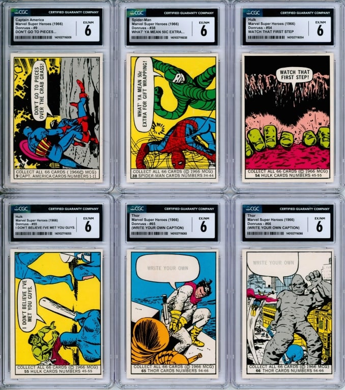 6PC 1966 Donruss Marvel Super Heroes CGC 6 Group: United States,1966 Group includes 1966 Donruss Marvel Super Heroes #9, #38, #54-#55, and #65-#66 trading cards, all CGC 6 EX/NM, Andy Yanchus Collection pedigree.CGC case 5 1/4" x 3 1/8".,From the col