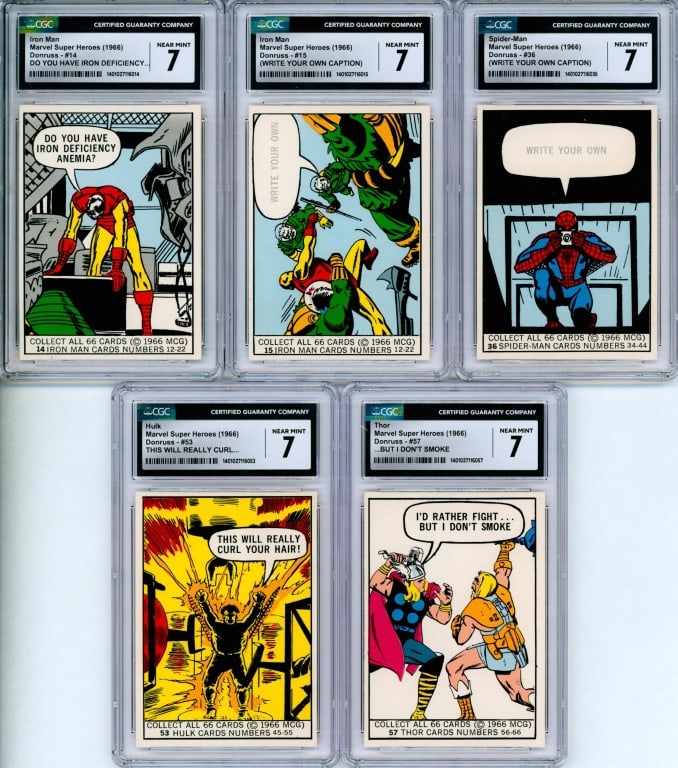 5PC 1966 Donruss Marvel Super Heroes CGC 7: United States,1966 Group includes 1966 Donruss Marvel Super Heroes #14-#15, #36, #53, and #57 trading cards, all CGC 7 NEAR MINT, Andy Yanchus Collection pedigree.CGC case 5 1/4" x 3 1/8".,From the co