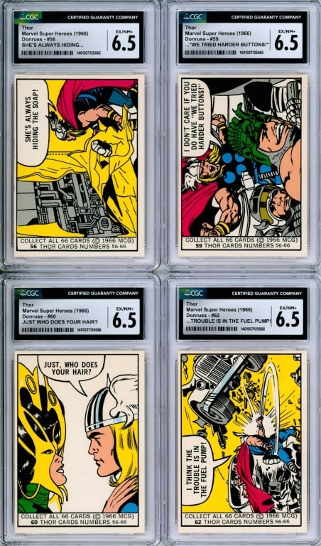 4PC 1966 Donruss Marvel Super Heroes CGC 6.5 Group: United States,1966 Group includes 1966 Donruss Marvel Super Heroes #56, #59, #60, and #62, all CGC 6.5 EX/NM+, Andy Yanchus Collection pedigree.CGC case 5 1/4" x 3 1/8".,From the collection of Andy Ya