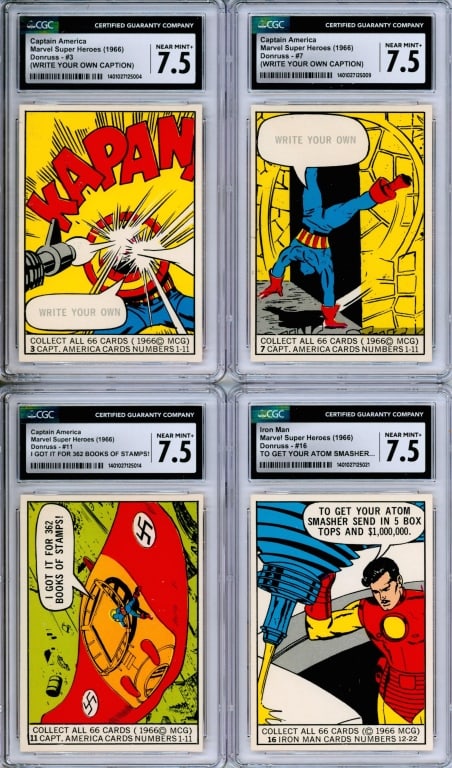 4PC 1966 Donruss Marvel Super Heroes CGC 7.5 Group: United States,1966 Group includes 1966 Donruss Marvel Super Heroes #3, #7, #11, and #16, all CGC 7.5 NEAR MINT+, Andy Yanchus Collection pedigree.CGC case 5 1/4" x 3 1/8".,From the collection of Andy