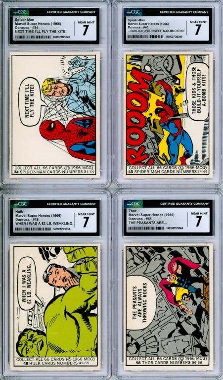 4PC 1966 Donruss Marvel Super Heroes CGC 7 Group: United States,1966 Group includes 1966 Donruss Marvel Super Heroes #34, #43, #48, and #58, all CGC 7 NEAR MINT, Andy Yanchus Collection pedigree.CGC case 5 1/4" x 3 1/8".,From the collection of Andy Y