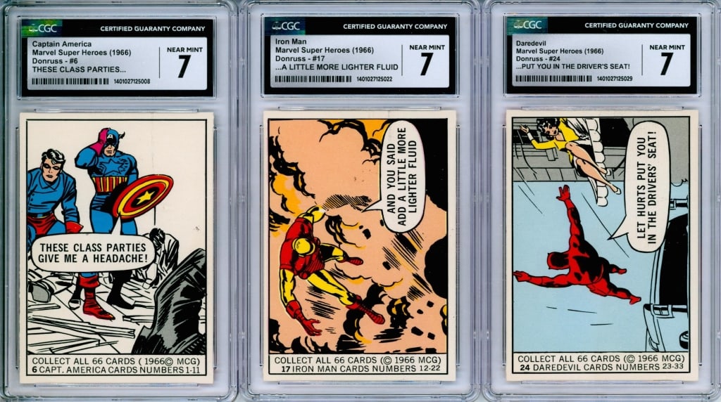 3PC 1966 Donruss Marvel Super Heroes CGC 7 Group: United States,1966 Group includes 1966 Donruss Marvel Super Heroes #6, #17, and #24 trading cards, all CGC 7 NEAR MINT, Andy Yanchus Collection pedigree.CGC case 5 1/4" x 3 1/8".,From the collection o