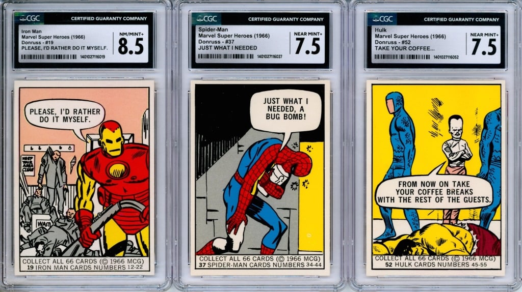 3PC 1966 Marvel Super Heroes CGC Card Group: United States,1966 Group includes 1966 Donruss Marvel Super Heroes #19 (CGC 8.5), #37 (CGC 7.5), and #52 (CGC 7.5), Andy Yanchus Collection pedigree.CGC case 5 1/4" x 3 1/8".,From the collection of An