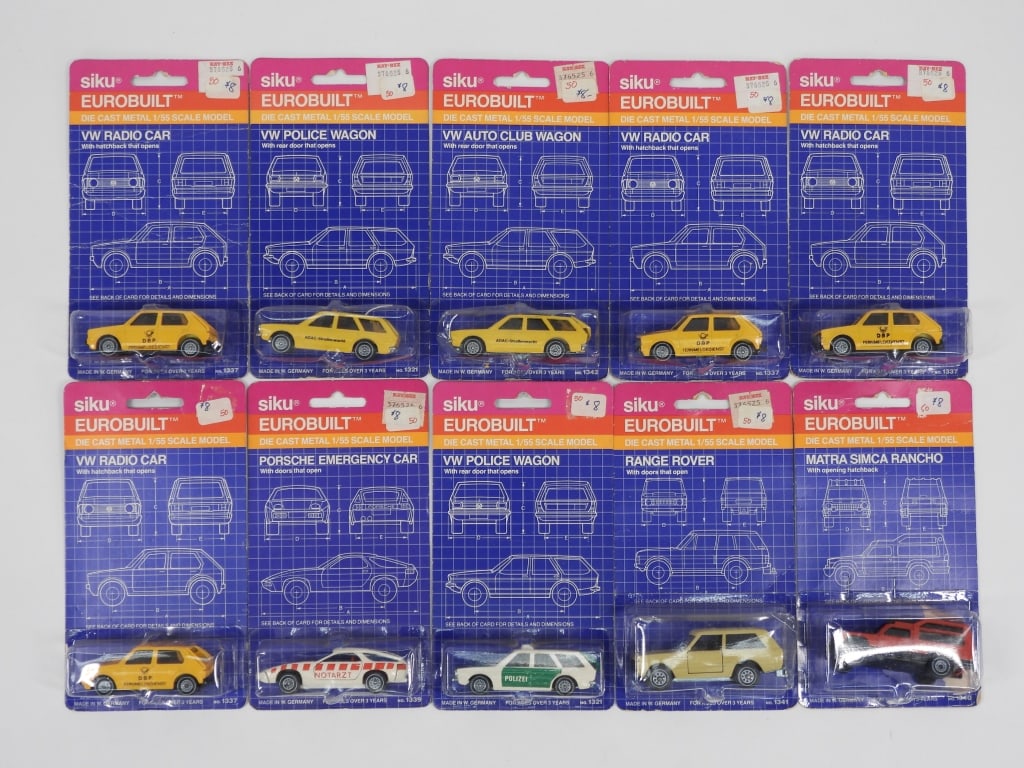 10PC W. Germany Siku Eurobuilt MOSC Diecast Cars: West Germany,20th Century Group includes ten vintage Siku Eurobuilt diecast cars, all factory sealed with light to moderate wear as expected from age and storage, some with denting to bubble, please r