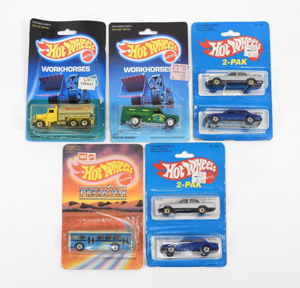 5PC 1981-88 Mattel Hot Wheels MOSC Diecast Cars: United States,1981-1988 Group includes five 1981-1988 Mattel Hot Wheels diecast cars, includes two 2-packs, all factory sealed with light to moderate wear as expected from age and storage, some with d