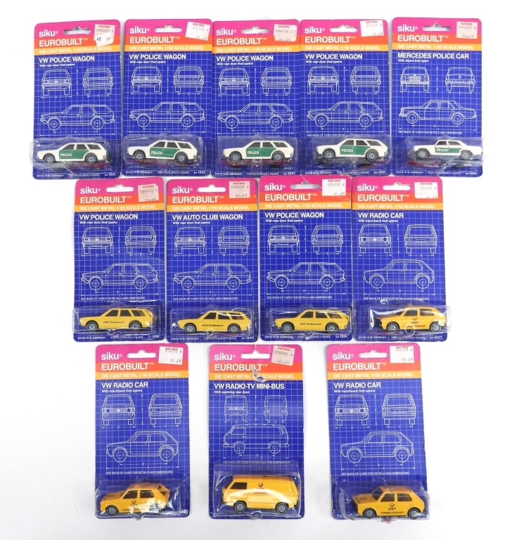 12PC W. German Siku Eurobuilt MOSC Diecast Cars: West Germany,20th Century Group includes twelve vintage Siku Eurobuilt diecast cars, all factory sealed with light to moderate wear as expected from age and storage, some with denting to bubble, pleas