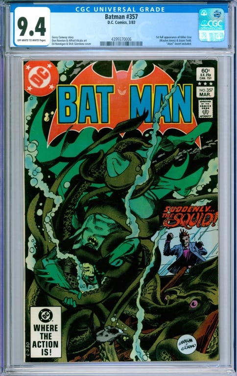DC Comics Batman #357 CGC 9.4: United States,1983 D.C. Comics Batman issue 357 from March, 1983. The book featured the first full appearance of Killer Croc and Jason Todd. CGC 9.4 w/ Off-White/White Pages 4399370006 CGC case 13" x