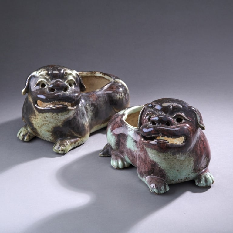 Pair Of Glazed Porcelain Foo Dog Planters (1 of 4)