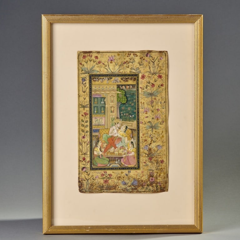 Indo-Persian Miniature: India,Ca. 19th century The scene of 2 lovers with attendants. Site: H. 9.75" W. 6 3/8" Frame: H. 15.25.Site: H. 25 cm W. 16 cm Frame: H. 38.5 c