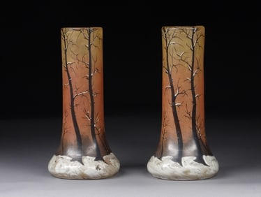PR Legras France Winter Enameled Glass Vases