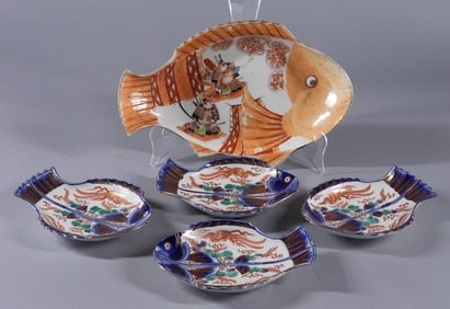 5PC Japanese Fish Form Porcelain Plates