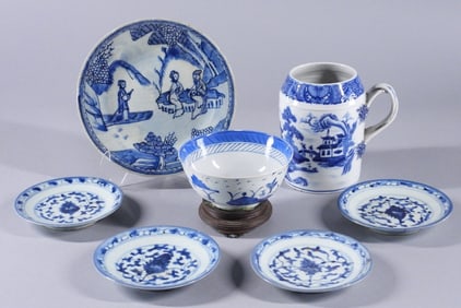 7PC Chinese 19C. Blue & White Export Porcelain
