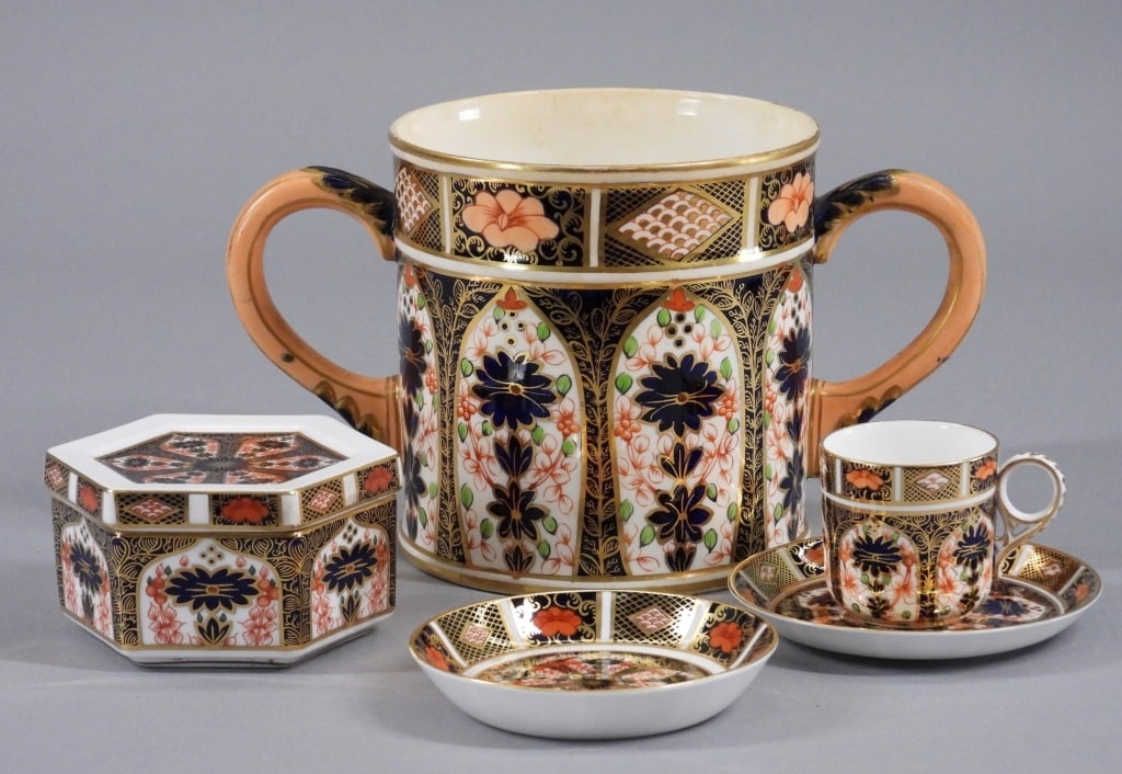 5PC Royal Crown Derby Old Imari Porcelain Ware: England,19th Century Includes a saucer, a hexagonal shaped covered jar, an espresso cup with underplate, and a large double handled vessel in the "Old Imari" pattern. Porcelain,Smallest 4 1/4" dia..La