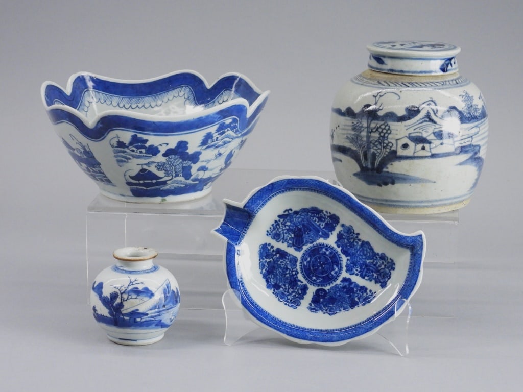 4PC Chinese Qing Dynasty Canton Porcelain Dishware: China,Qing Dynasty Includes a center bowl with decorative rim, a squat vase, a leaf form plate, and a ginger jar. Porcelain,Smallest 3 1/2" x 3 1/4" dia..Largest 6 1/2" x 6 1/4" dia. From the collecti