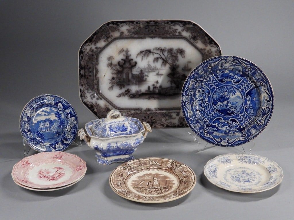 8PC European Assorted Plates: Europe,Late 19th-Early 20th Century Includes an Enoch & Sons Shirley House plate, an apple blossom plate, a blue and white plate with central lion cartouche, a pair of Ironstone pink and white plates,