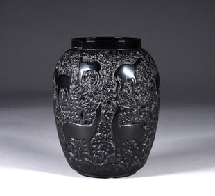 Lalique Biches Black Glass Vase