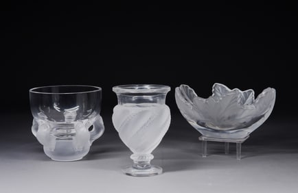 3PC Lalique Art Glass Vase & Bowls
